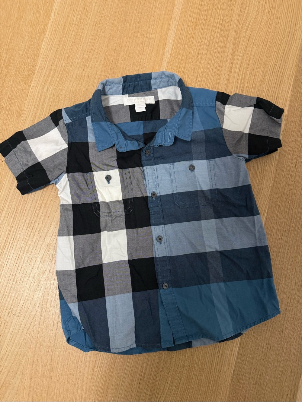 Authentic Burberry Boys Blue Plaid Short-Sleeve Button Down Shirt - Picture 2 of 7